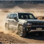 BAIC BJ40 Pro Offroader auf Schotterpiste in bergiger Wüstenlandschaft mit aufgewirbeltem Staub