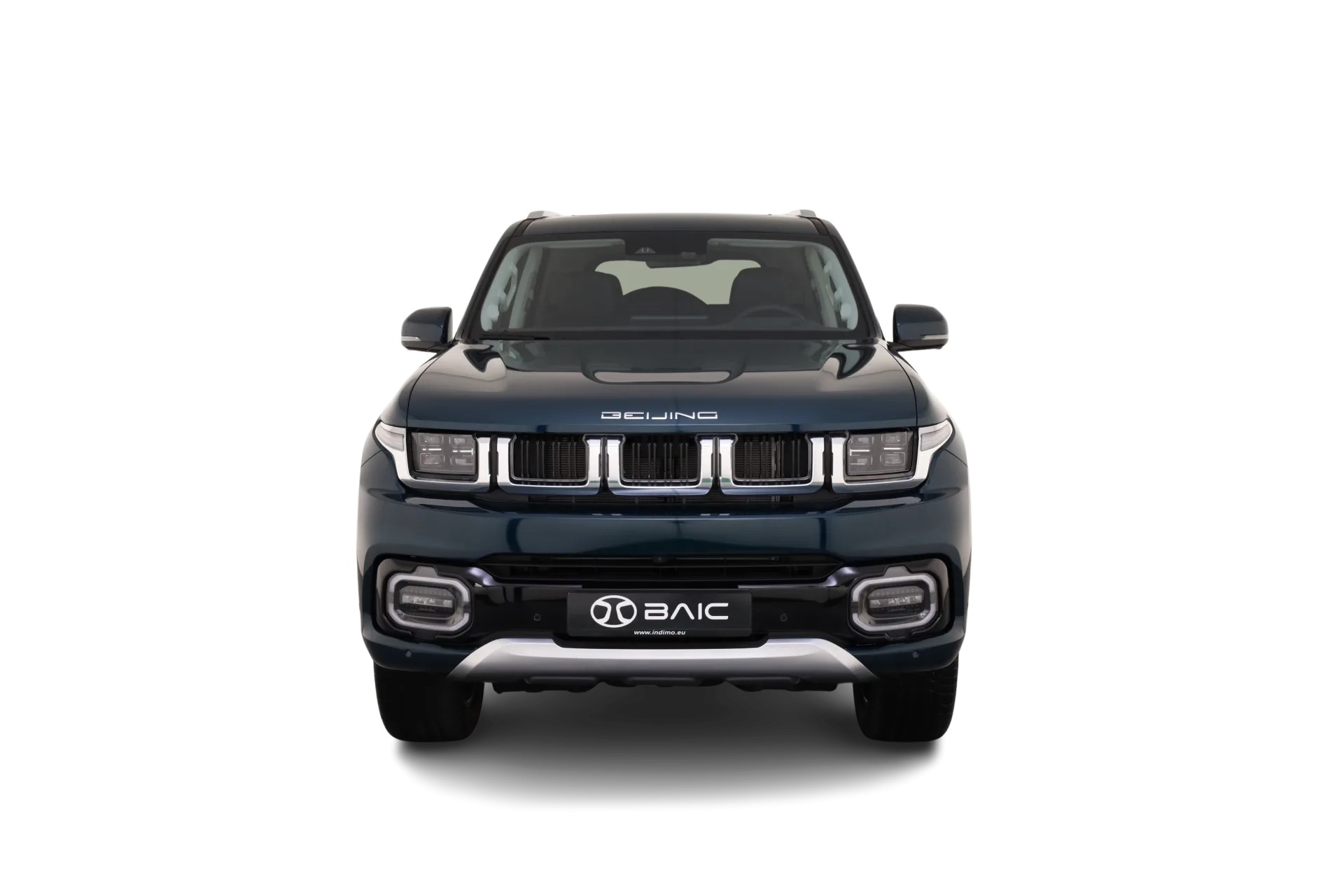 Frontale Ansicht des BAIC BJ60 Flagship SUV in Dunkelblau vor schwarzem Hintergrund.