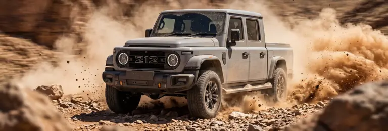BAW 212 Pickup fährt im Gelände auf einer staubigen Piste.