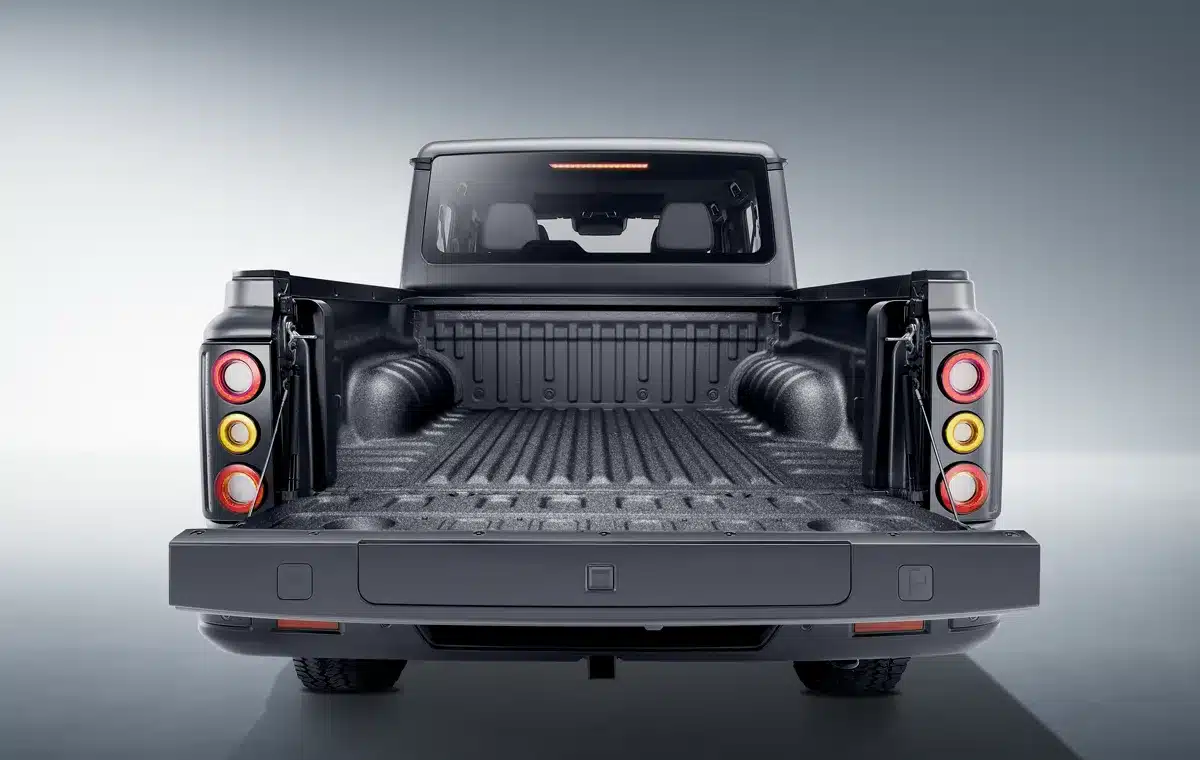 Offene Ladefläche eines BAW 212 Pickup von hinten gesehen.