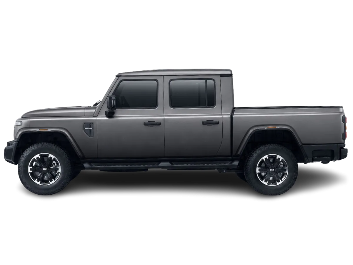 Seitenansicht eines grauen BAW 212 Pickup mit Doppelkabine und markanter Karosserie.