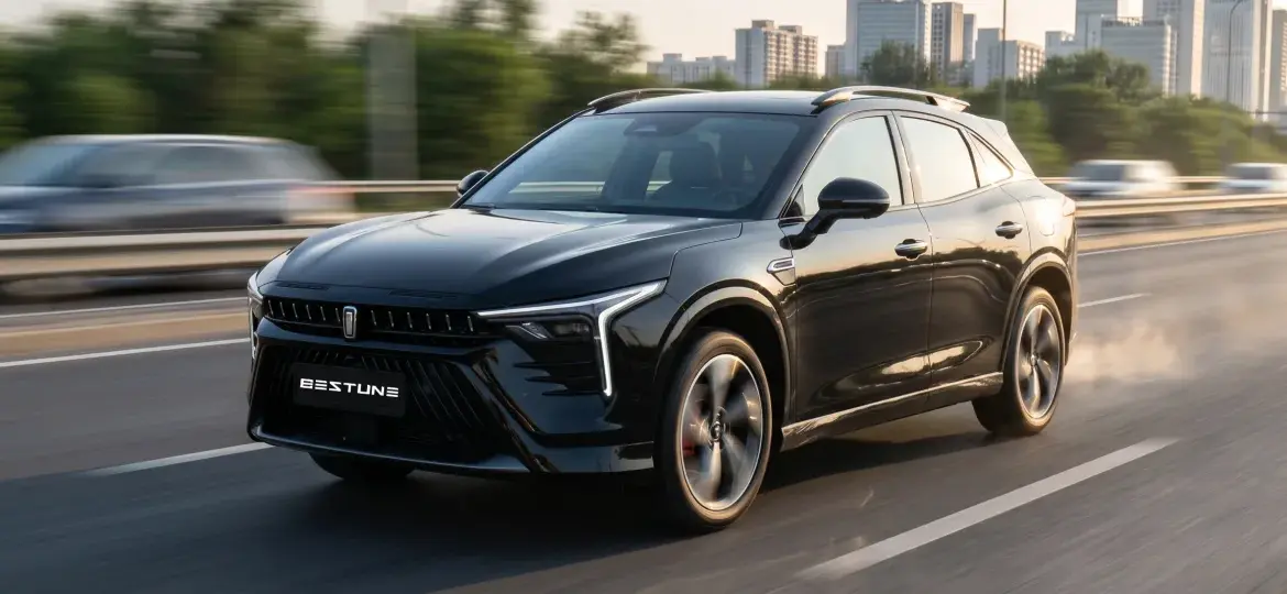 Bestune B70S Coupé-SUV in Schwarz fährt auf einer Autobahn mit Stadt im Hintergrund
