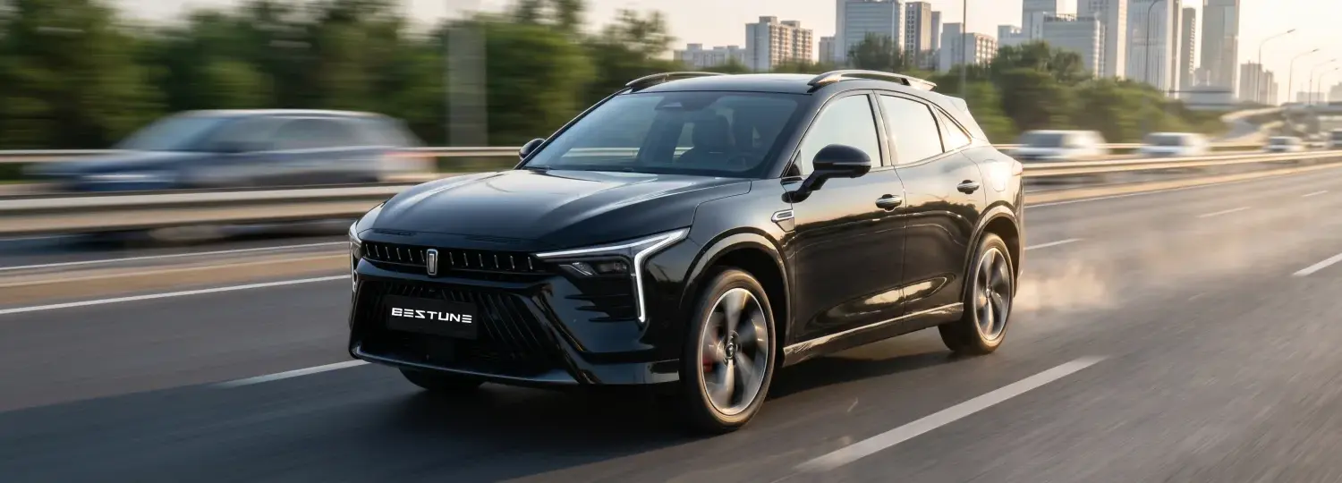Bestune B70S Coupé-SUV in Schwarz fährt auf einer Autobahn mit Stadt im Hintergrund