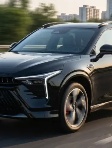 Bestune B70S Coupé-SUV in Schwarz fährt auf einer Autobahn mit Stadt im Hintergrund