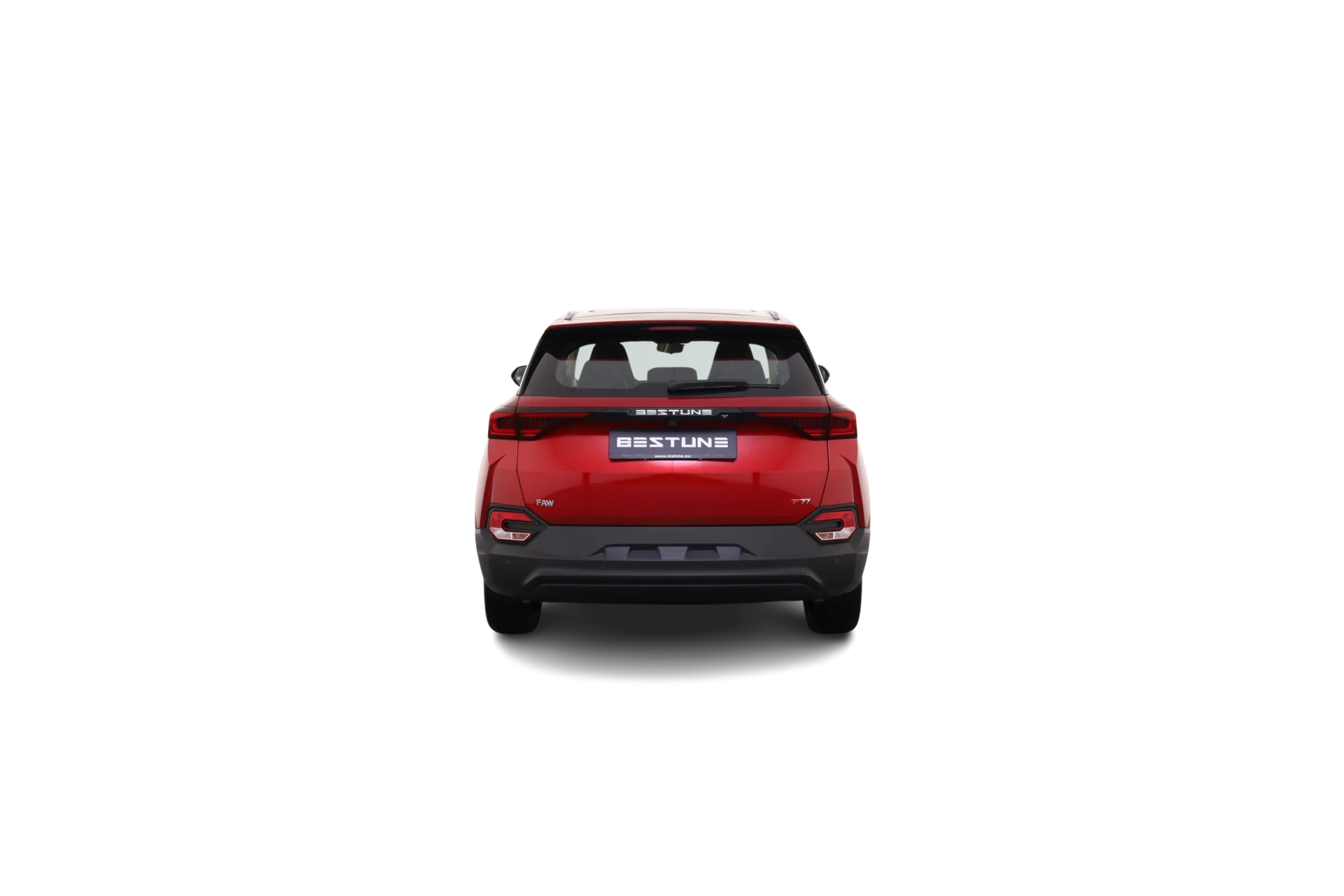 Heckansicht des roten Bestune T77 Pro SUV vor schwarzem Hintergrund