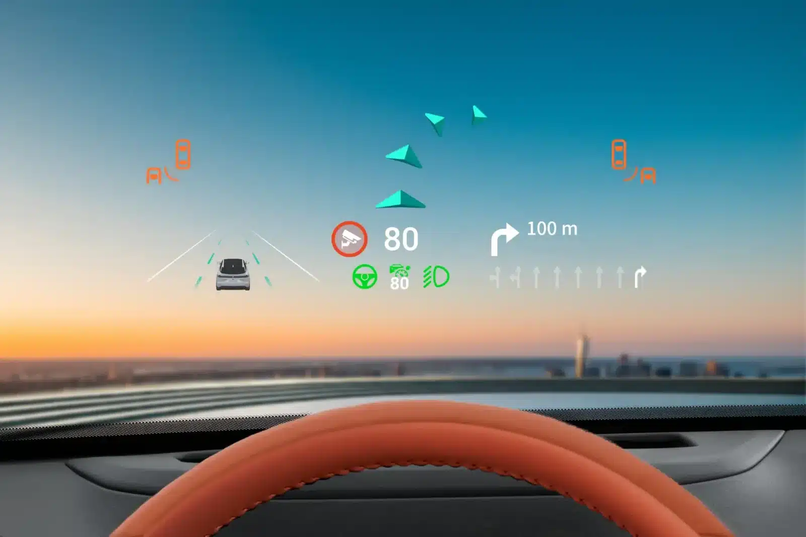 Augmented-Reality-Head-up-Display im Changan Deepal S07 mit Navigationspfeilen, Tempolimit und Fahrbahnmarkierungen.