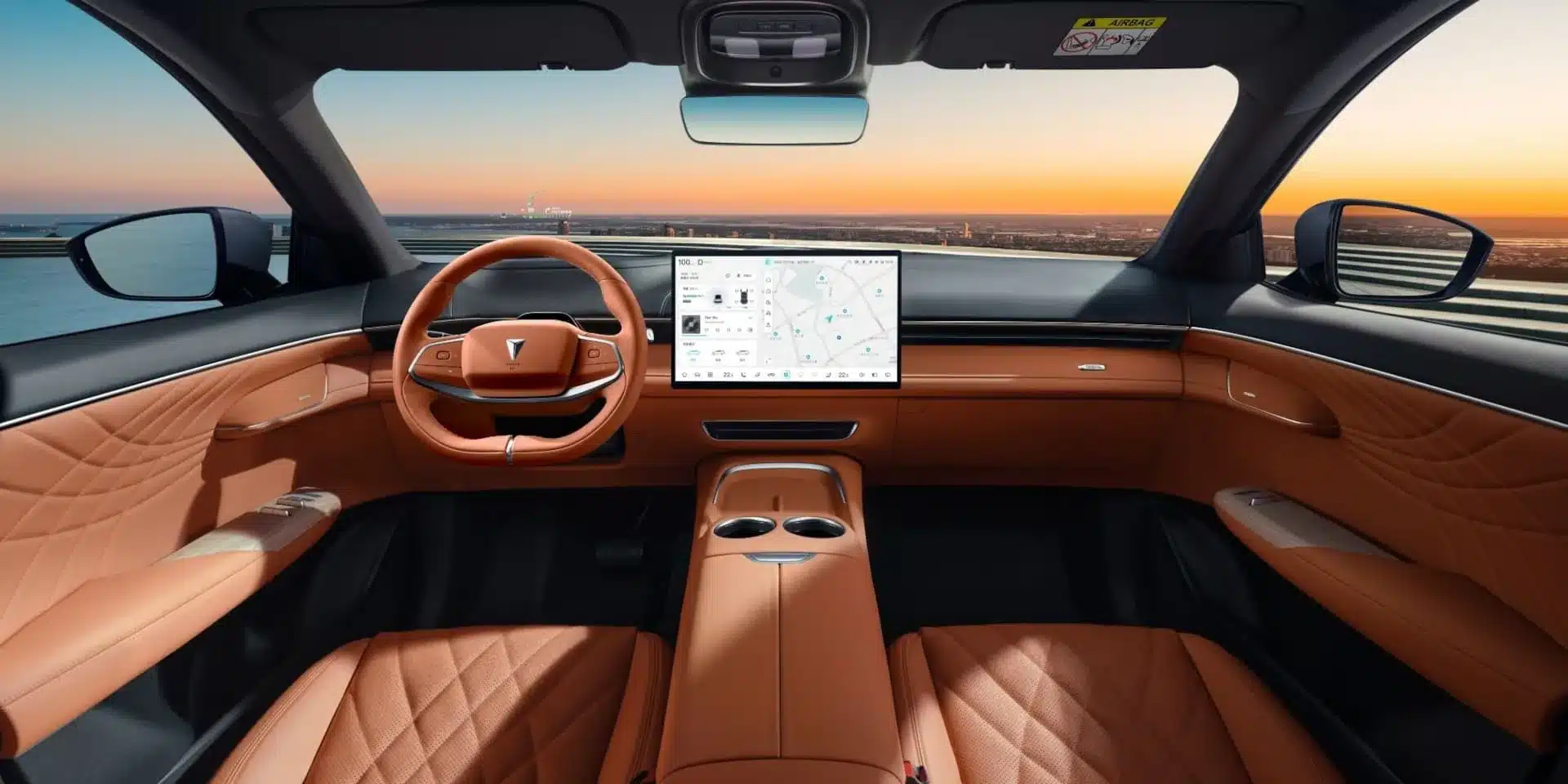 Innenraum des Elektro-SUV Deepal S07 mit orangefarbenem Leder, großem Touchscreen und Panoramablick