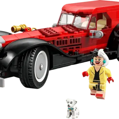 LEGO Modell von Cruella de Vils Auto mit Minifigur und Dalmatiner aus 101 Dalmatiner