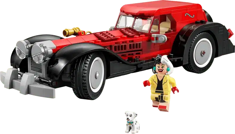 LEGO Modell von Cruella de Vils Auto mit Minifigur und Dalmatiner aus 101 Dalmatiner