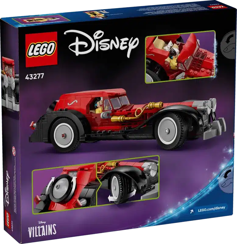 LEGO Disney Set 43277 Cruella de Vils Auto als Produktverpackung mit Oldtimer-Modell, Cruella-Minifigur und Dalmatiner-Welpe