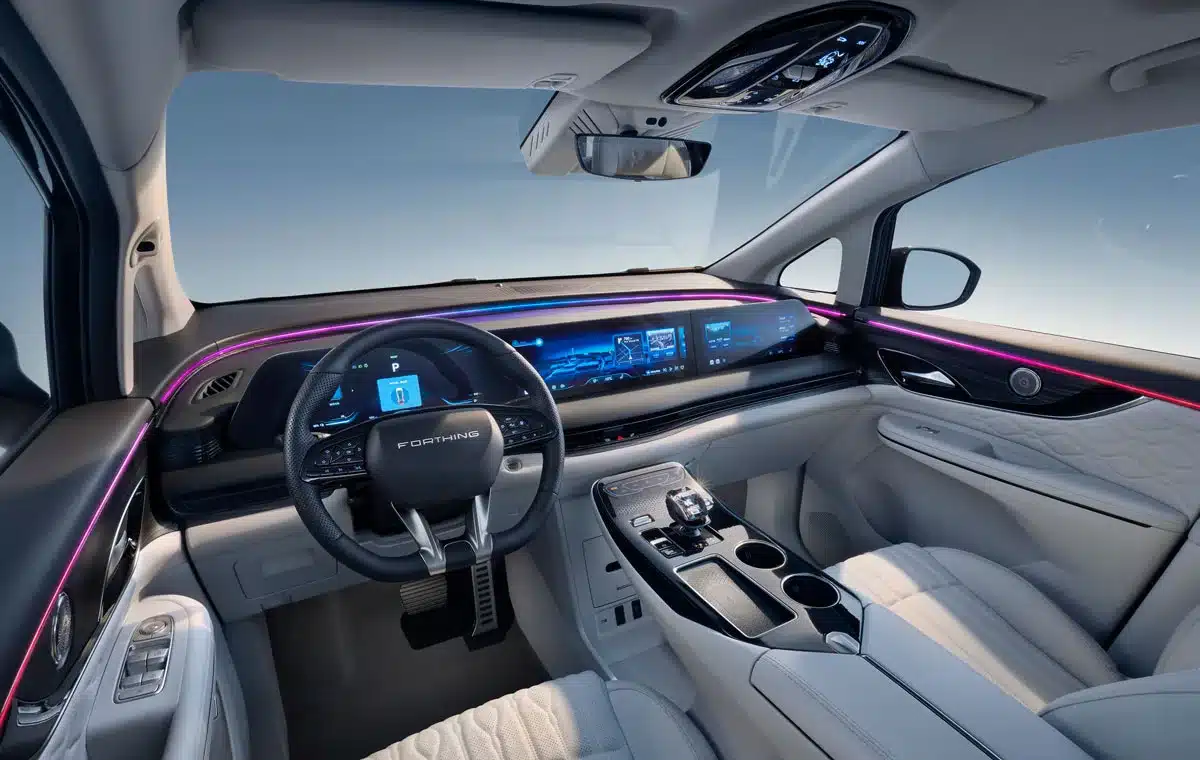 Das Cockpit des DFM Forthing 9 PHEV mit großem Display, Ambientebeleuchtung und hochwertigen Materialien.