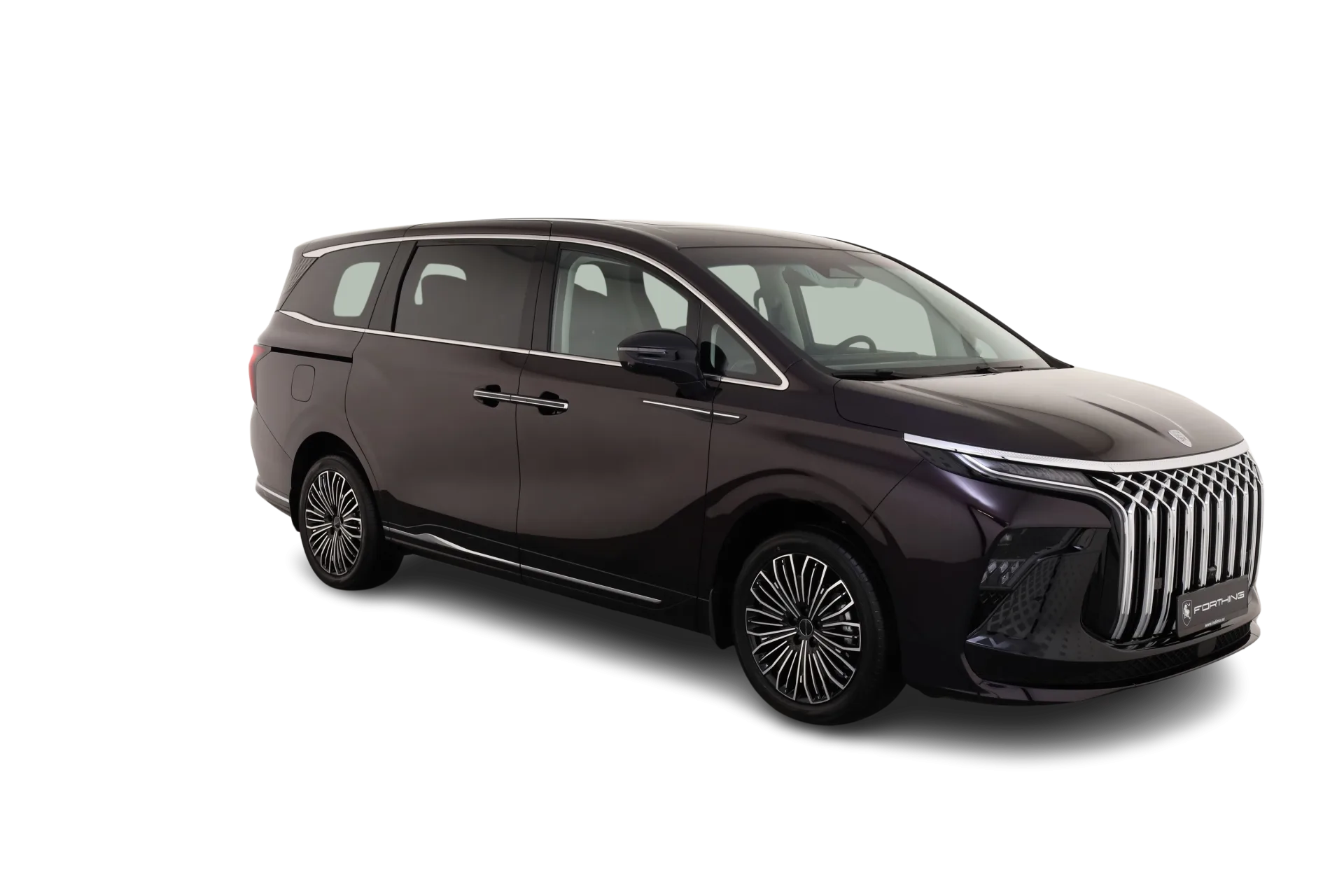 DFM Forthing 9 PHEV in schwarzer Lackierung, Plug-in-Hybrid-Van mit sieben Sitzen, seitliche Frontansicht