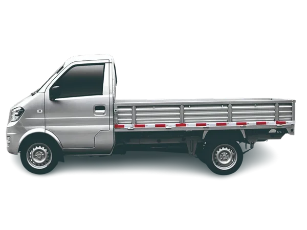Silberner DFSK EC31 EV Elektro-Transporter von der Seite auf weißem Hintergrund