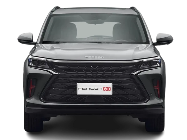 Frontansicht des DFSK Fengon 600 SUVs in Grau, klar erkennbar mit großem Kühlergrill und LED-Scheinwerfern.