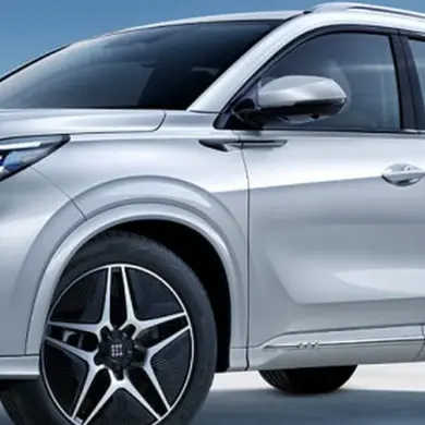 DFSK Fengon E5 PHEV in Silber steht an einer Ladesäule vor blauem Himmel.