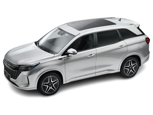 Silberner DFSK Fengon E5 PHEV SUV in der Seitenansicht mit Panorama-Glasdach.