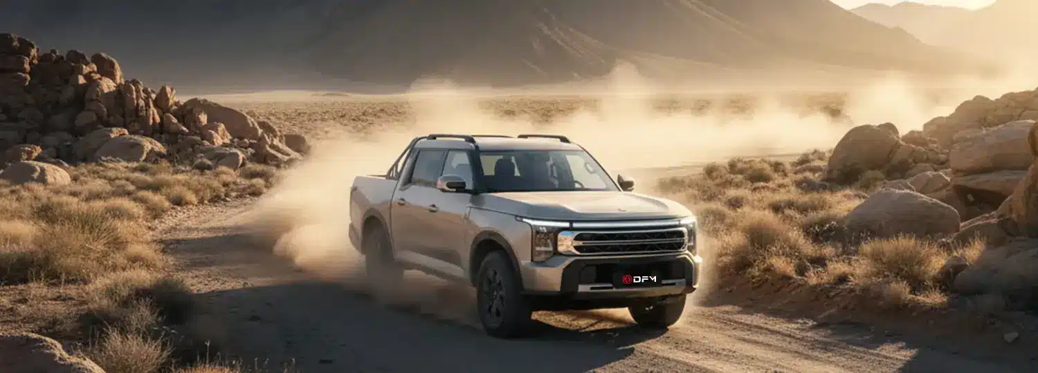 DONGFENG Rich 9 Pick Up beim Fahren auf einer staubigen Piste im Gelände, umgeben von Felsen und Bergen.