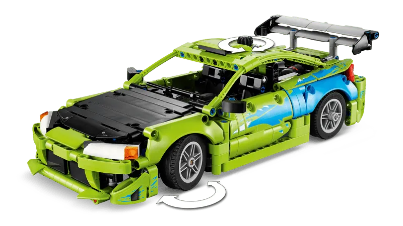 LEGO Technic Mitsubishi Eclipse aus Fast & Furious, Set 42229, grün-blaues Modell mit sichtbaren Funktionen.