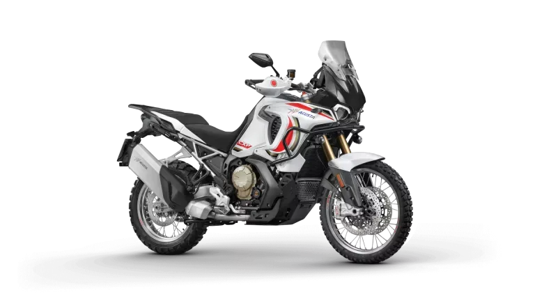 MV Agusta Enduro Veloce 931 LXP Orioli Reiseenduro, Seitenansicht, weiß-schwarz, mit Speichenrädern und Koffern
