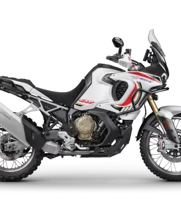 MV Agusta Enduro Veloce 931 LXP Orioli Adventure-Bike von der Seite, weiß-schwarz lackiert, auf schwarzem Hintergrund