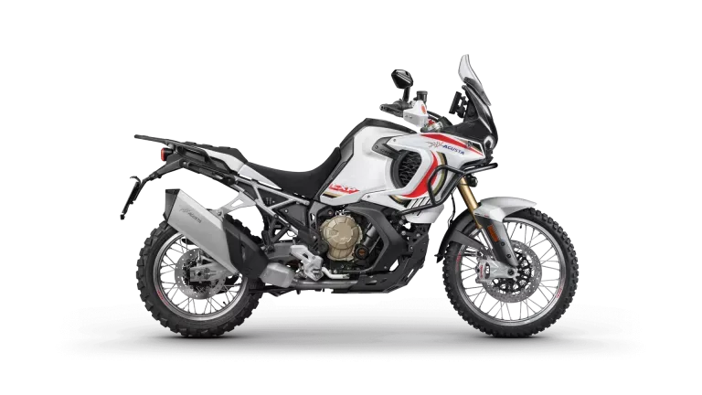 MV Agusta Enduro Veloce 931 LXP Orioli Adventure-Bike von der Seite, weiß-schwarz lackiert, auf schwarzem Hintergrund