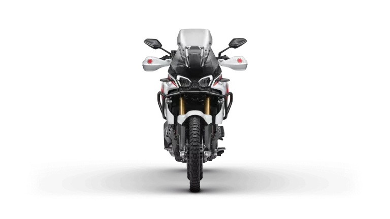 MV Agusta Enduro Veloce 931 LXP Orioli frontal, Zweirad mit Windschutz, Handschützern und 21-Zoll-Vorderrad