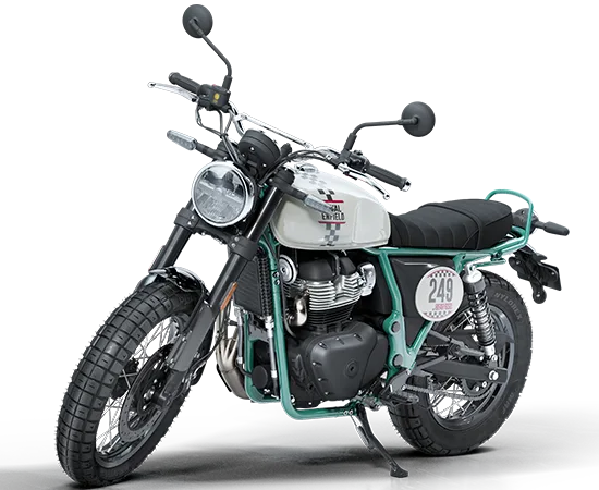Royal Enfield Bear 650 Road Scrambler Motorrad mit Startnummer 249, Seitenansicht