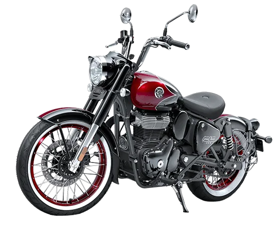 Royal Enfield Goan Classic 350 Motorrad in Rave Red, Bobber-Design mit Ape-Lenker und Speichenrädern