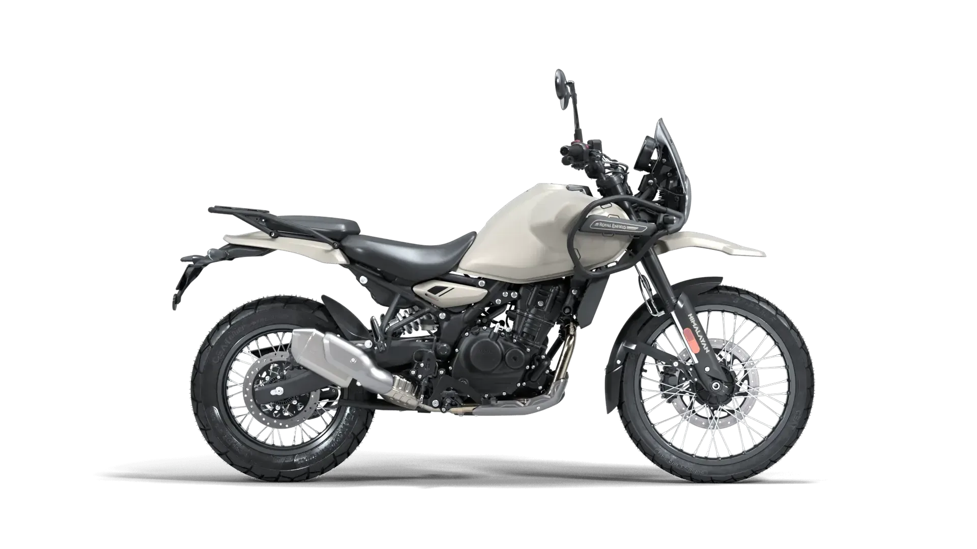 Royal Enfield Himalayan 450 in Kamet White – Adventure-Motorrad in Seitenansicht