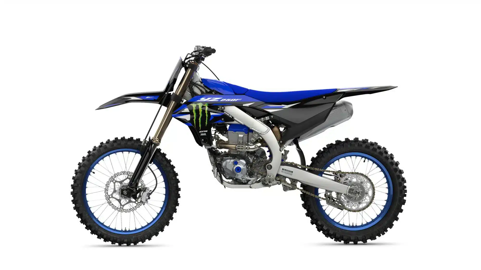 Yamaha YZ250F Monster Energy Yamaha Racing Edition in Seitenansicht mit typischem Monster Energy Design.