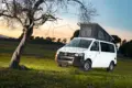 Weißer Volkswagen T6 Campervan mit offenem Aufstelldach steht auf einer grünen Wiese neben einem Baum bei Sonnenuntergang