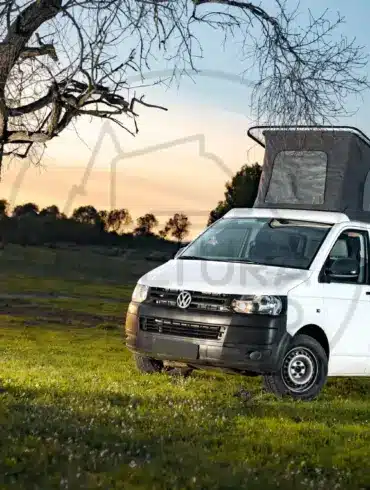 Weißer Volkswagen T6 Campervan mit offenem Aufstelldach steht auf einer grünen Wiese neben einem Baum bei Sonnenuntergang